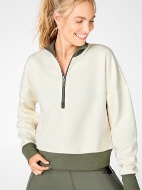 Fabletics Cropped Cream Pullover with Olive Trim